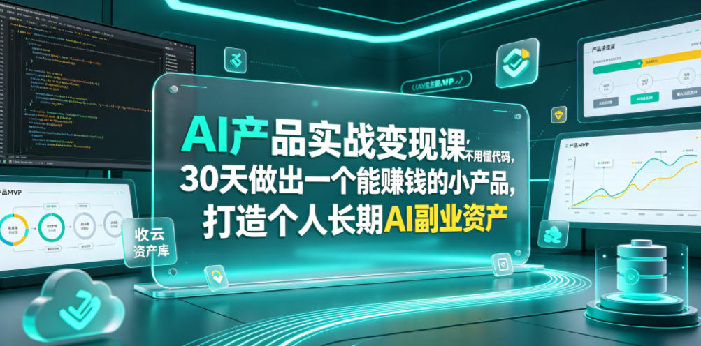 AI产品实战变现课,不用懂代码,30天做出一个能賺钱的小产品,打造个人长期AI副业资产-极速搞钱指南
