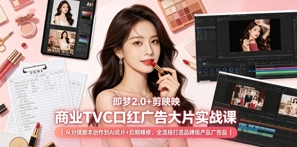 即梦2.0+剪映商业TVC口红广告大片实战课｜从分镜脚本创作到AI成片+后期精修，全流程打造品牌级产品广告-一个小目标资源站