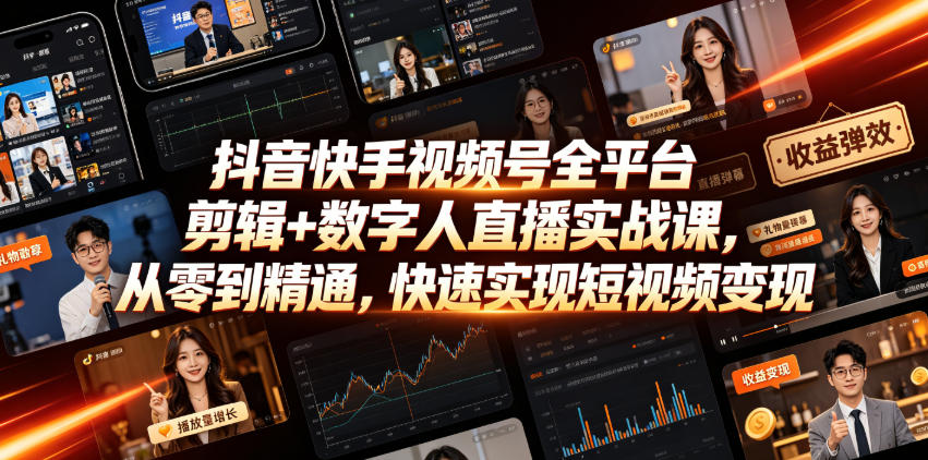 抖音快手视频号全平台剪辑+数字人直播实战课,从零到精通,快速实现短视频变现(更新2026年6月)-极速搞钱指南