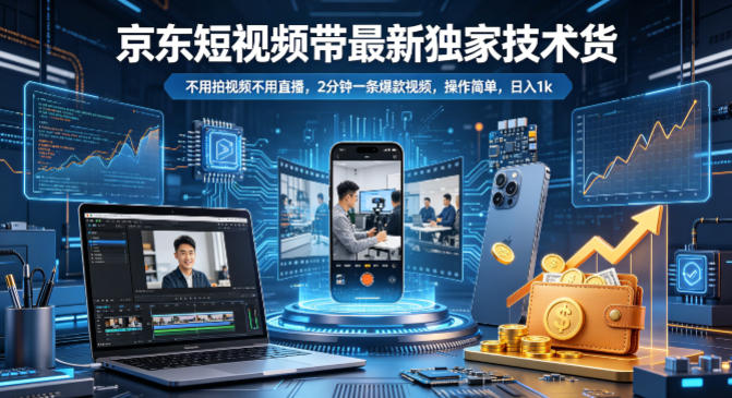 京东短视频带货最新独家技术，不用拍视频不用直播，2分钟一条爆款视频，操作简单，日入1k+【揭秘】-小目标云网创