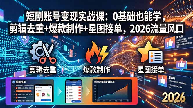 短剧账号变现实战课：0基础也能学，剪辑去重+爆款制作+星图接单，2026流量风口-聚星云网创