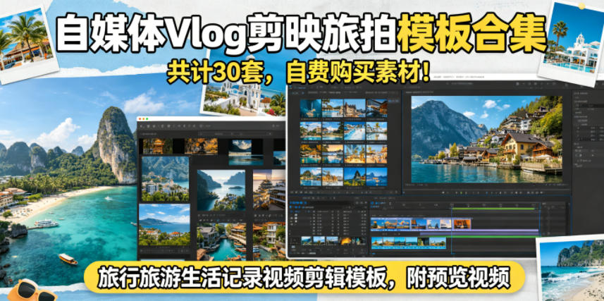 自媒体Vlog剪映旅拍模板合集，共计30套，自费购买素材！旅行旅游生活记录视频剪辑模板，附预览视频-沐沐云网创