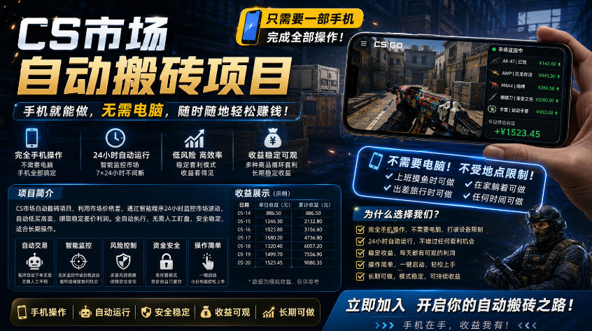 手机即可操作的CS市场自动搬砖系统｜自动监控｜自动下单|日入300+【揭秘】-启微空间