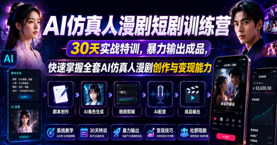 AI仿真人漫剧短剧训练营,30天实战特训,暴力输出成品,快速掌握全套AI仿真人漫剧创作与变现能力-灵感工坊云网创