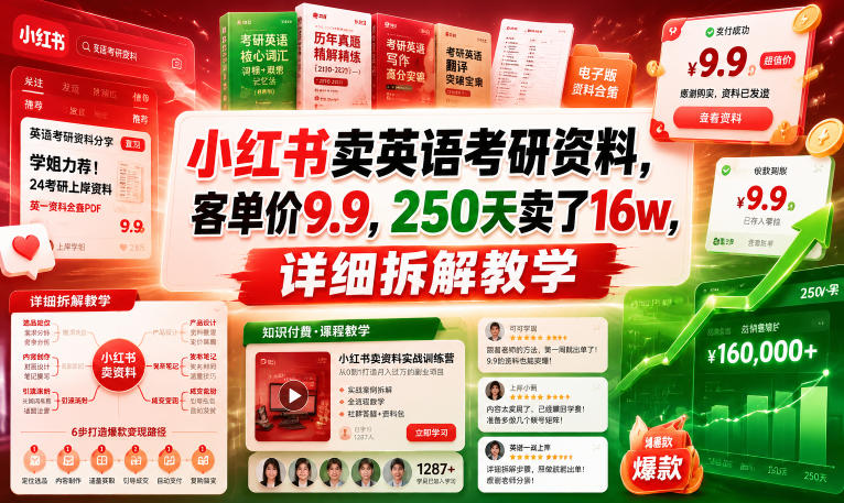 小红书卖英语考研资料，客单价9.9，250天卖了16w，详细拆解教学-小目标云网创