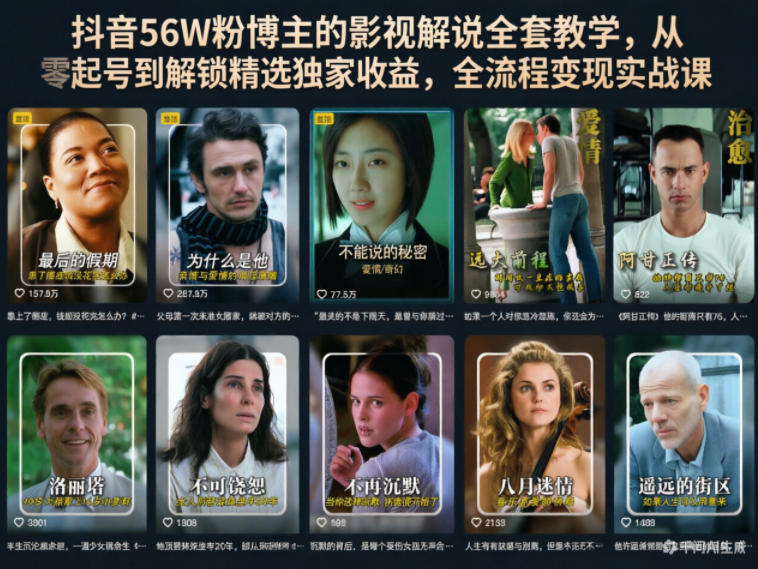 抖音56W粉博主的影视解说全套教学，从零起号到解锁精选独家收益，全流程变现实战课-启微空间