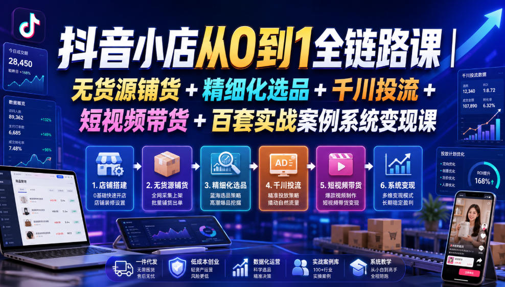 抖音小店从0到1全链路课|无货源铺货+精细化选品+千川投流+短视频带货+百套实战案例系统变现课(2026年7月更新)-灵感工坊云网创
