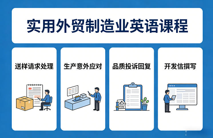 实用外贸制造业英语课程，教你专业处理送样请求、应对生产意外、回复品质投诉、撰写开发信等-小目标云网创