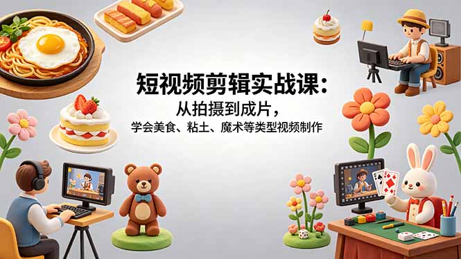 短视频剪辑实战课：从拍摄到成片，学会美食、粘土、魔术等类型视频制作-小目标云网创
