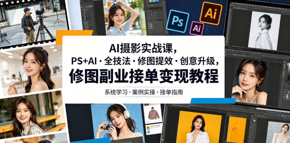 AI摄影实战课，PS+AI・全技法・修图提效・创意升级，修图副业接单变现教程-小目标云网创