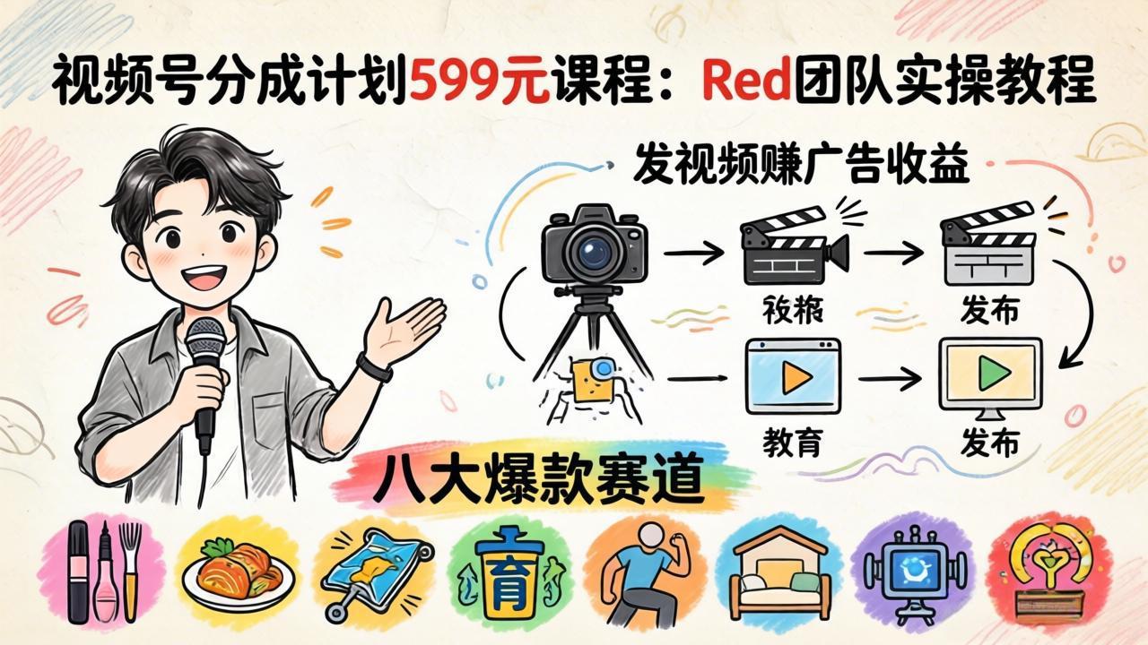 视频号分成计划599元课程：Red团队实操教程，发视频赚广告收益，八大爆款赛道全掌握-小目标云网创