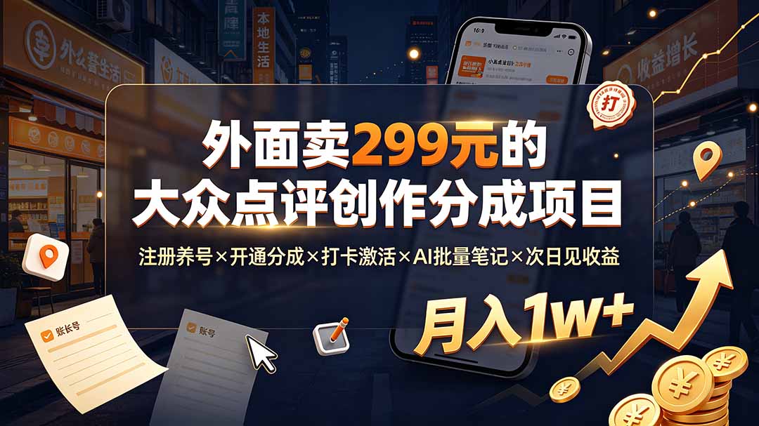 外面卖299元的大众点评创作分成项目：注册养号×开通分成×打卡激活×AI批量笔记×次日见收益，月入1w+-小目标云网创