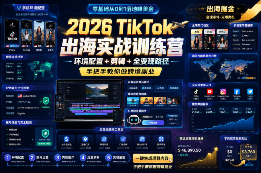2026 TikTok出海实战训练营，环境配置 + 剪辑 + 全变现路径，手把手教你做跨境副业-小目标云网创