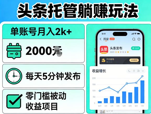 头条托管躺賺玩法，单账号月入2k+，每天5分钟发布即可，零门槛被动收益项目【揭秘】-小目标云网创