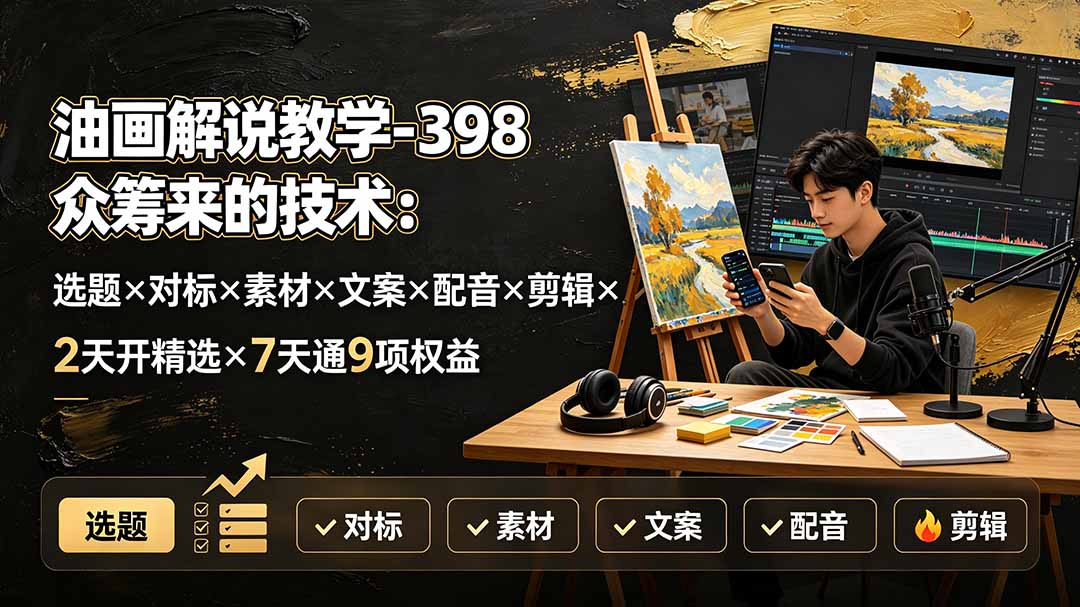 油画解说教学-398众筹来的技术：选题×对标×素材×文案×配音×剪辑×2天开精选×7天通9项权益-小目标云网创