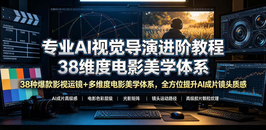 专业AI视觉导演进阶教程，38种爆款影视运镜+多维度电影美学体系，全方位提升AI成片高级感与镜头质感-极速搞钱云网创