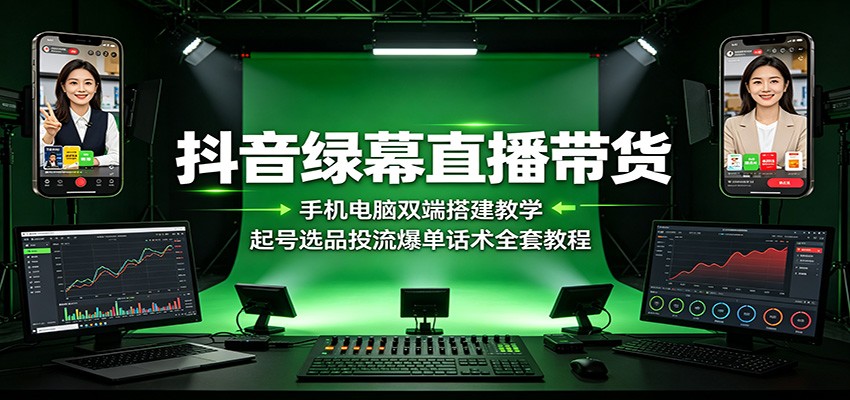 抖音绿幕直播带货：手机电脑双端搭建教学，起号选品投流爆单话术全套教程-小目标云网创