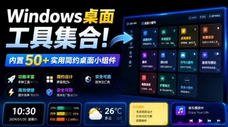 Windows桌面工具集合!内置50+实用简约桌面小组件,含截图、录屏、翻译、天气等,多秘工具箱-小目标云网创