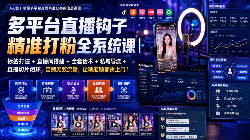 多平台直播钩子精准打粉全系统课｜标签打法+直播间搭建+全套话术+私域导流+直播切片闭环，告别无效流量，让精准顾客找上门！-小目标云网创