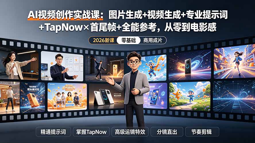 AI视频创作实战课：图片生成+视频生成+专业提示词+TapNow×首尾帧+全能参考，从零到电影感成片-小目标云网创