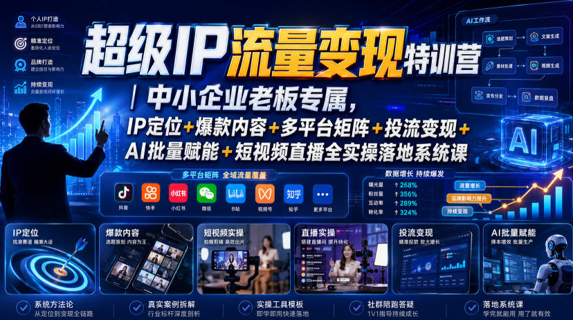 超级IP流量变现特训营|中小企业老板专属,IP定位+爆款内容+多平台矩阵+投流变现+AI批量赋能+短视频直播全实操落地系统课-小目标云网创