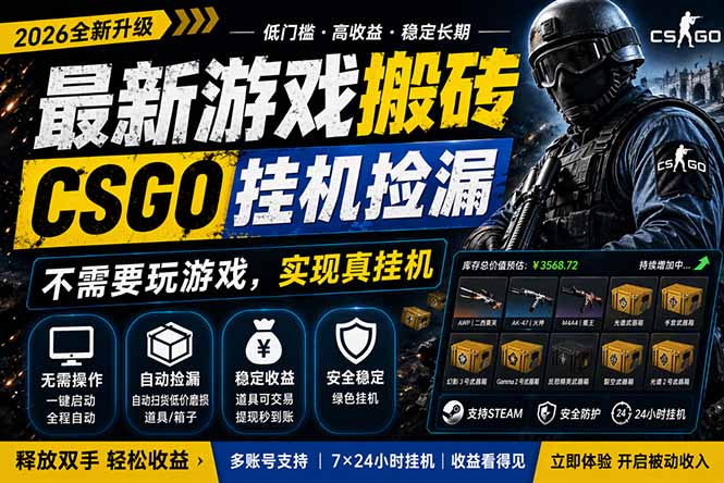 最新游戏搬砖，CSGO纯挂机，不需要玩游戏，实现真挂机，月入1W+，五一小高峰上车可吃肉，…-小目标云网创