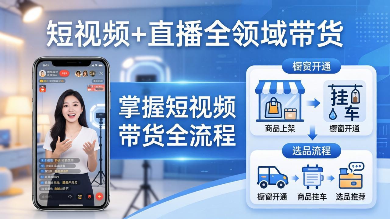 短视频+直播全领域带货-更新：掌握橱窗开通、挂车、选品、爆款文案改编等短视频带货全流程-小目标云网创