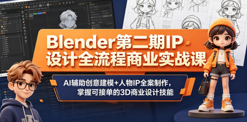 Blender第二期IP设计全流程商业实战课，AI辅助创意建模+人物IP全案制作，掌握可接单的3D商业设计技能-夏姐拆项目