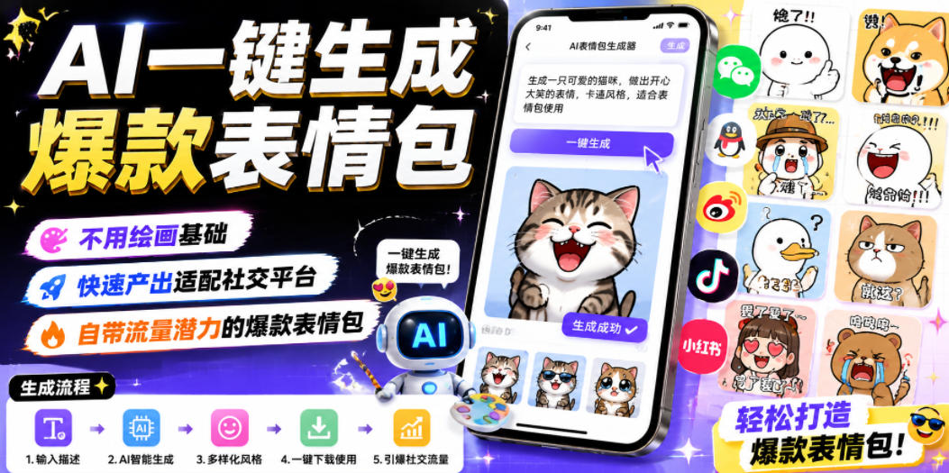 AI一键生成爆款表情包,不用绘画基础,快速产出适配社交平台,自带流量潜力的爆款表情包-极速搞钱云网创