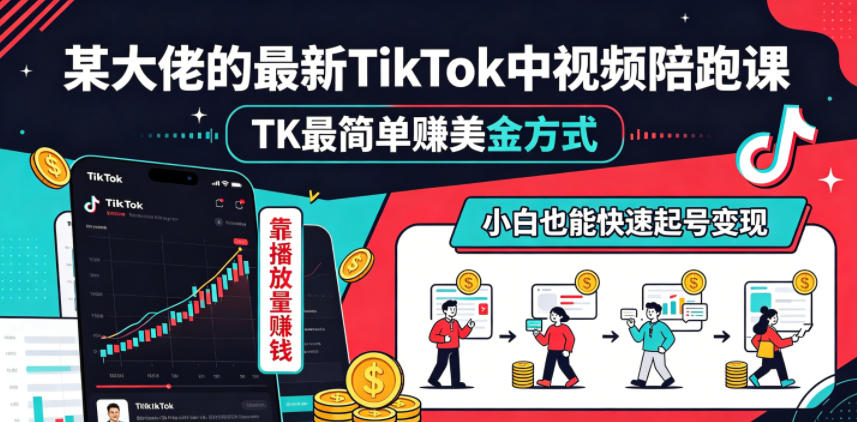 某大佬的最新TikTok中视频陪跑课，TK最简单賺美金方式，靠播放量賺钱，小白也能快速起号变现-夏姐拆项目