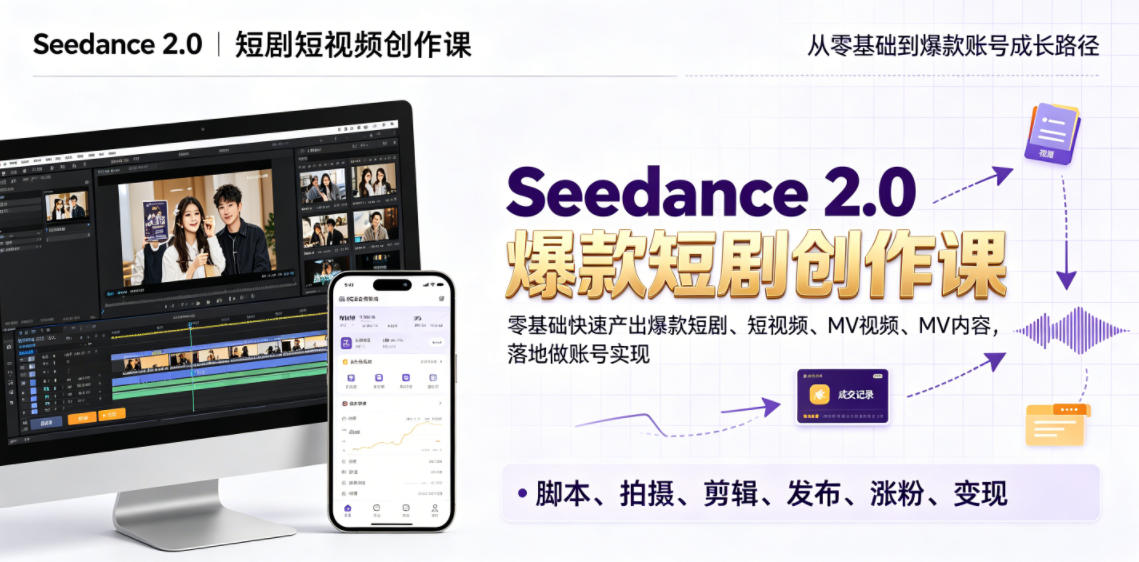 Seedance 2.0短剧短视频创作课,零基础快速产出爆款短剧、短视频、MV内容,落地做账号实现变现-小目标云网创