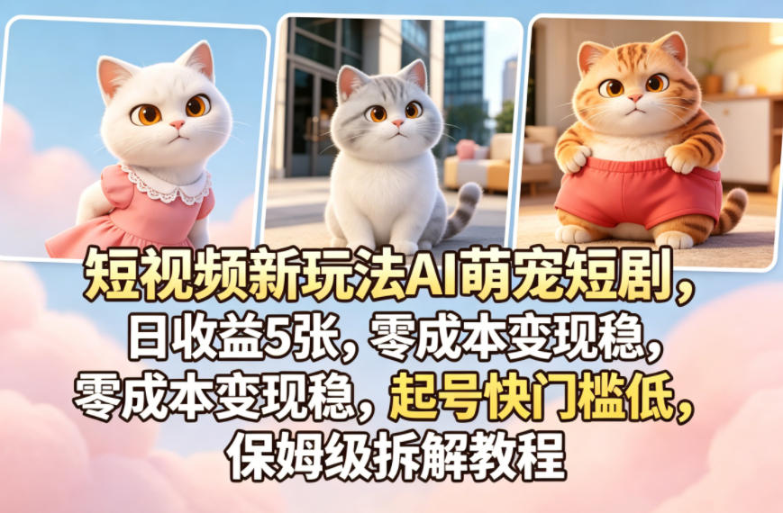 短视频新玩法AI萌宠短剧，日收益5张，零成本变现稳，起号快门槛低，保姆级拆解教程-小目标云网创