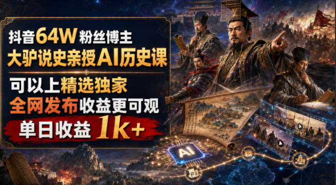 抖音64W粉丝博主大驴说史亲授AI历史课,可以上精选独家,全网发布收益更可观,单日收益1k+-灵感工坊云网创
