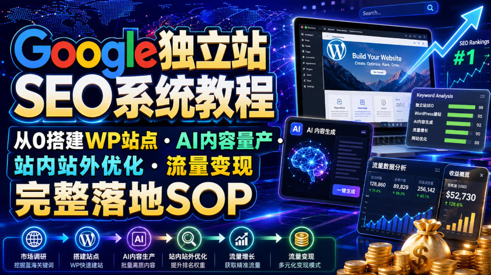 Google独立站SEO系统教程，从0搭建WP站点・AI内容量产・站内站外优化・流量变现完整落地SOP(2026年7月)-小目标云网创
