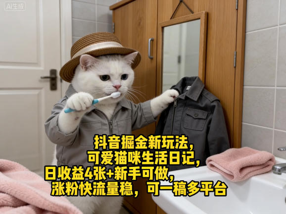 抖音掘金新玩法，可爱猫咪生活日记，日收益4张+新手可做，涨粉快流量稳，可一稿多平台-小目标云网创