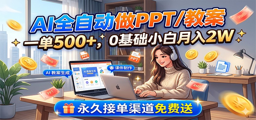 AI全自动做PPT/教案，一单500+，0基础小白月入2W，永久接单渠道免费送-灵感工坊云网创