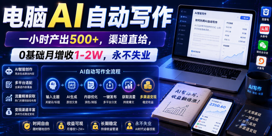 电脑AI自动写作，一小时产出500+，渠道直给，0基础月增收1-2W，永不失业【揭秘】-小目标云网创