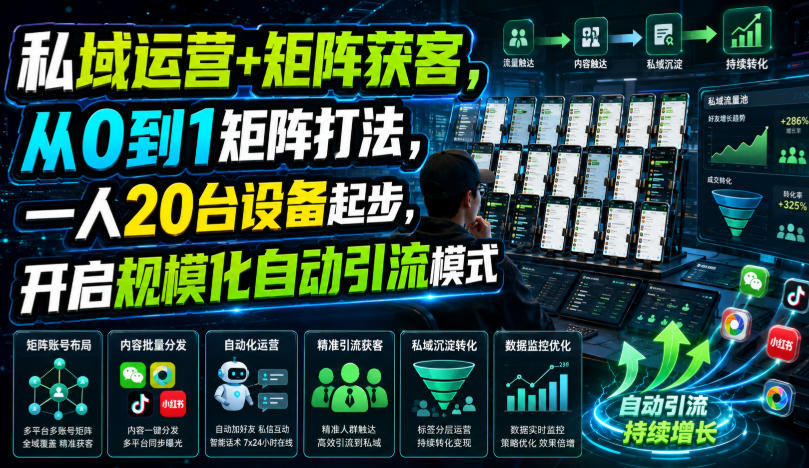 私域运营+矩阵获客,从0到1矩阵打法,一人20台设备起步,开启规模化自动引流模式!-小目标云网创