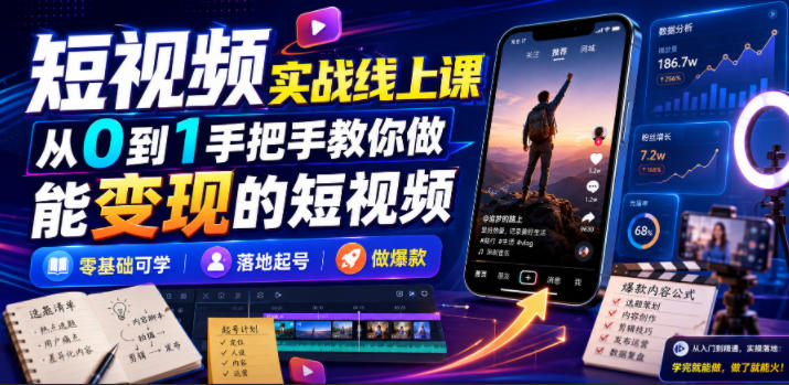 短视频实战线上课,从0到1手把手教你做能变现的短视频,零基础可学,落地起号做爆款-灵感工坊云网创