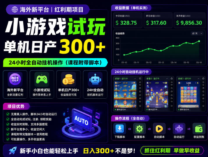 海外新平台，小游戏试玩，单机日产300+，24小时全自动挂G操作(课程附带脚本)【揭秘】-opc资源站