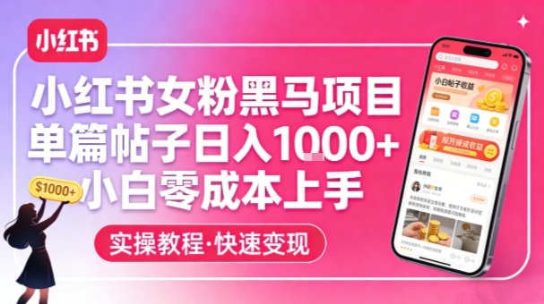 小红书女粉黑马项目，单篇帖子日入1k+，小白零成本上手-小目标云网创
