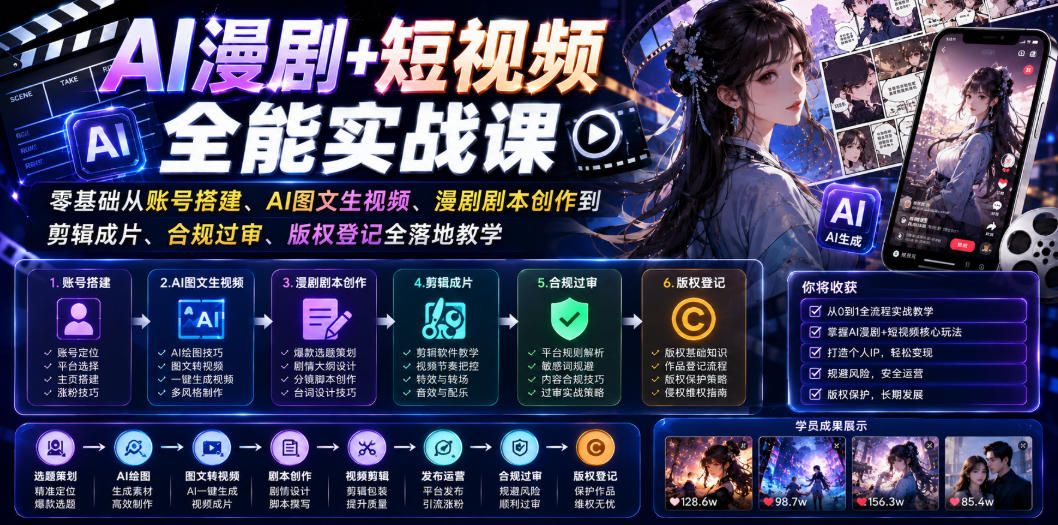 AI漫剧+短视频全能实战课｜零基础从账号搭建、AI图文生视频、漫剧剧本创作到剪辑成片、合规过审、版权登记全落地教学-灵感工坊云网创
