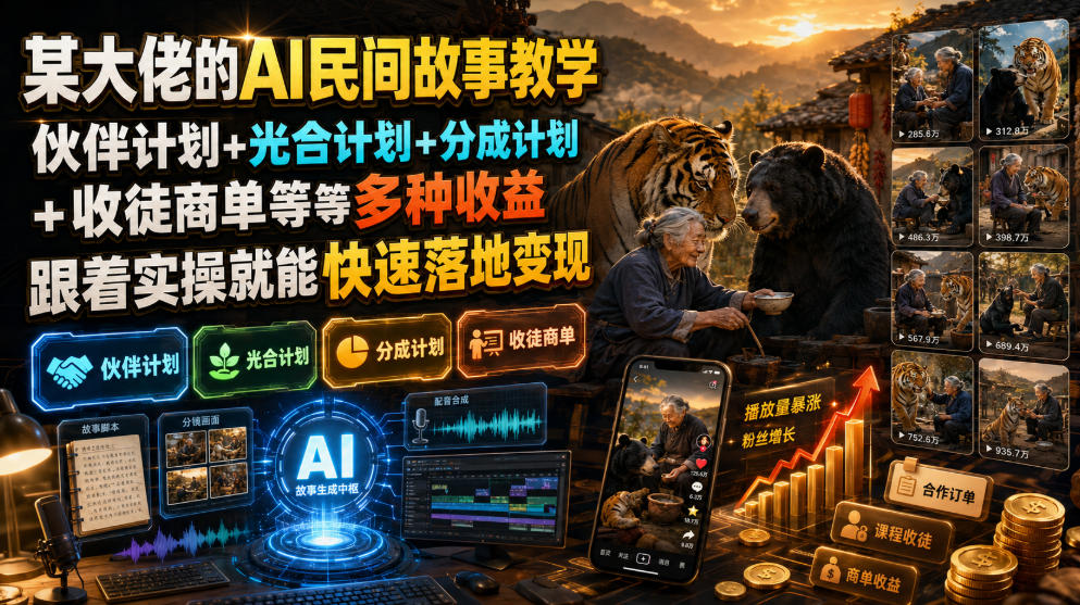 某大佬的AI民间故事教学,伙伴计划+光合计划+分成计划+收徒商单等多种收益,跟着实操就能快速落地变现-小目标云网创