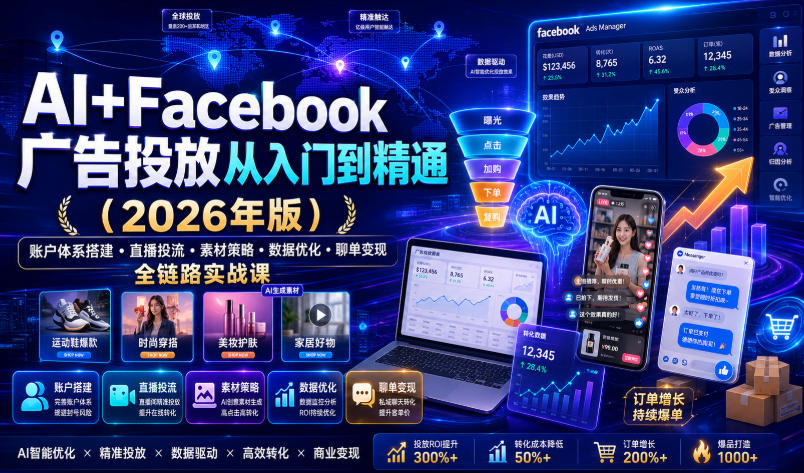 AI+Facebook广告投放从入门到精通(2026年版)｜账户体系搭建・直播投流・素材策略・数据优化・聊单变现全链路实战课-小目标云网创