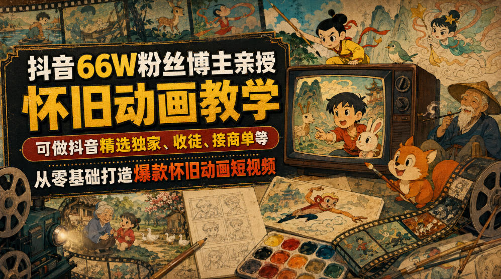 抖音66W粉丝博主亲授怀旧动画教学，可做抖音精选独家、收徒、接商单等，从零基础打造爆款怀旧动画短视频-小目标云网创