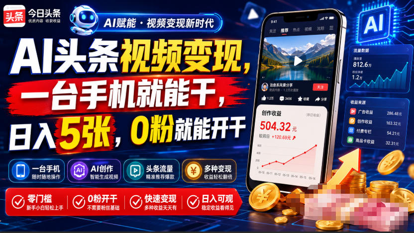 AI头条视频变现，一台手机就能干，日入5张，0粉就能开干-小目标云网创