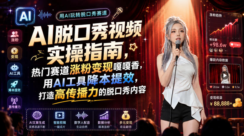 AI脱口秀视频实操指南,热门赛道涨粉变现嘎嘎香,用AI工具降本提效,打造高传播力的脱口秀内容-小目标云网创