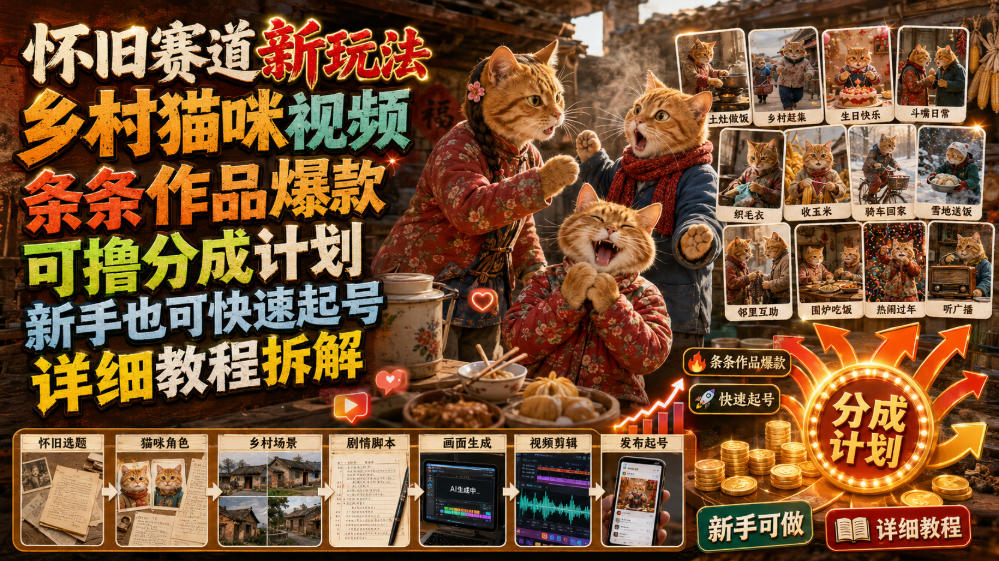 怀旧赛道新玩法，乡村猫咪视频，条条作品爆款，可撸分成计划，新手也可快速起号，详细教程拆解-小目标云网创