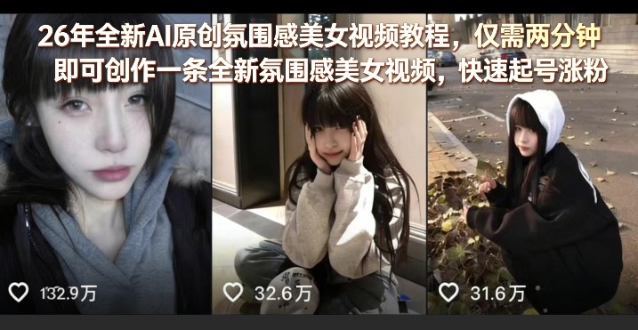 26年全新AI原创氛围感美女视频教程，仅需两分钟即可创作一条全新氛围感美女视频，快速起号涨粉-A7徐多钱网创