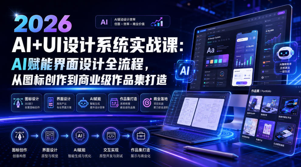 2026 AI+UI设计系统实战课：AI赋能界面设计全流程，从图标创作到商业级作品集打造-小目标云网创